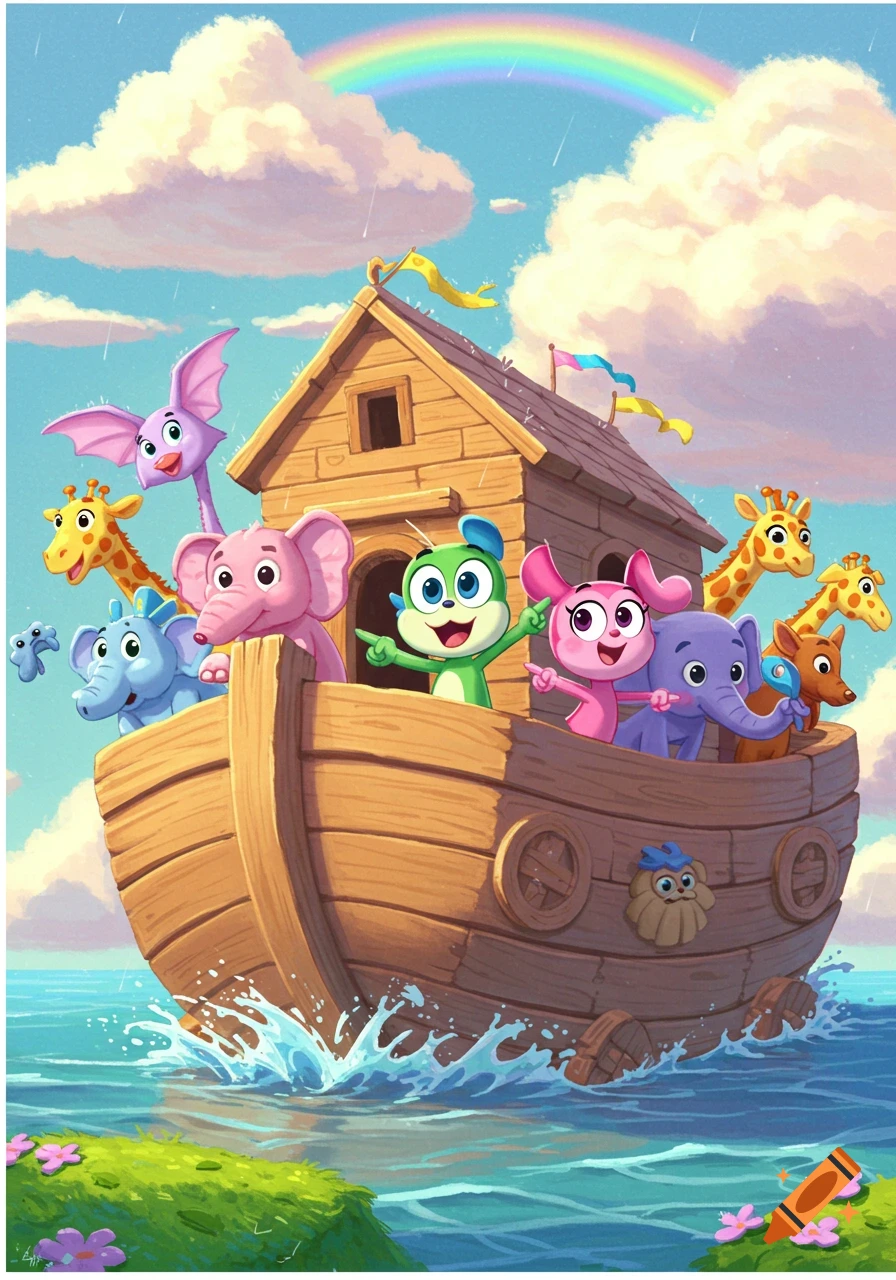 A colorful cartoon Noah's Ark with smiling animals like elephants and giraffes, sailing on a blue sea under a rainbow sky.