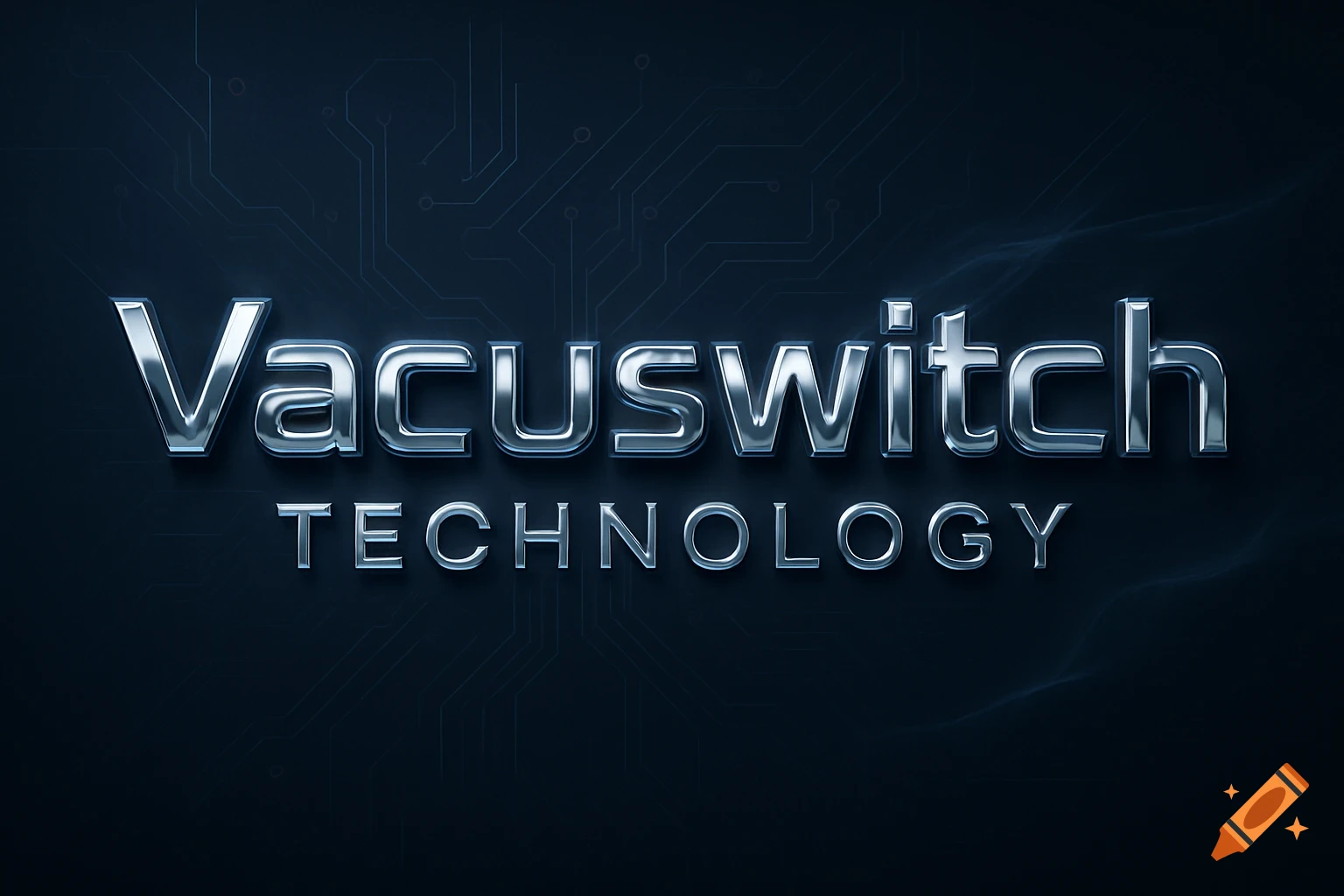Metallic 3D text "Vacuswitch TECHNOLOGY" on a dark blue background with subtle circuit board patterns.