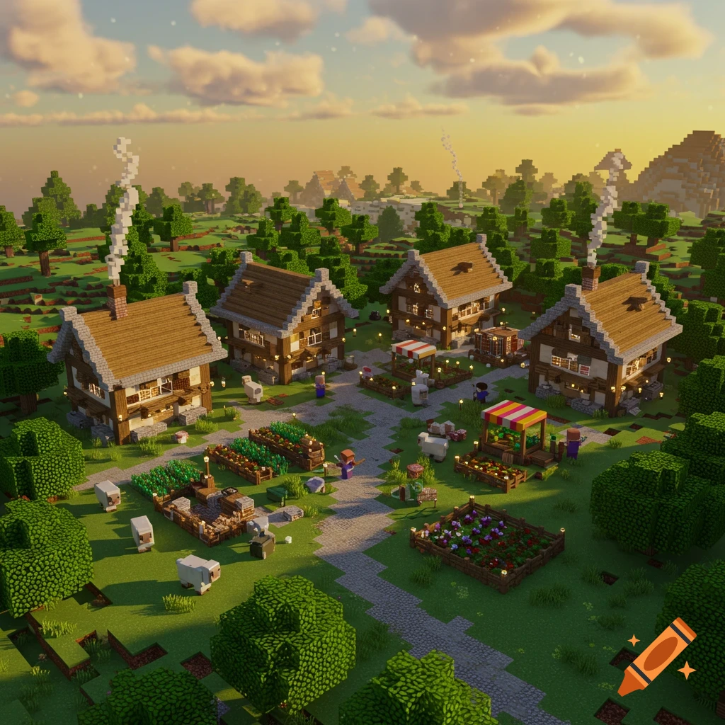 A vibrant, blocky Minecraft village with houses, gardens, villagers, and sheep under a sunset sky.