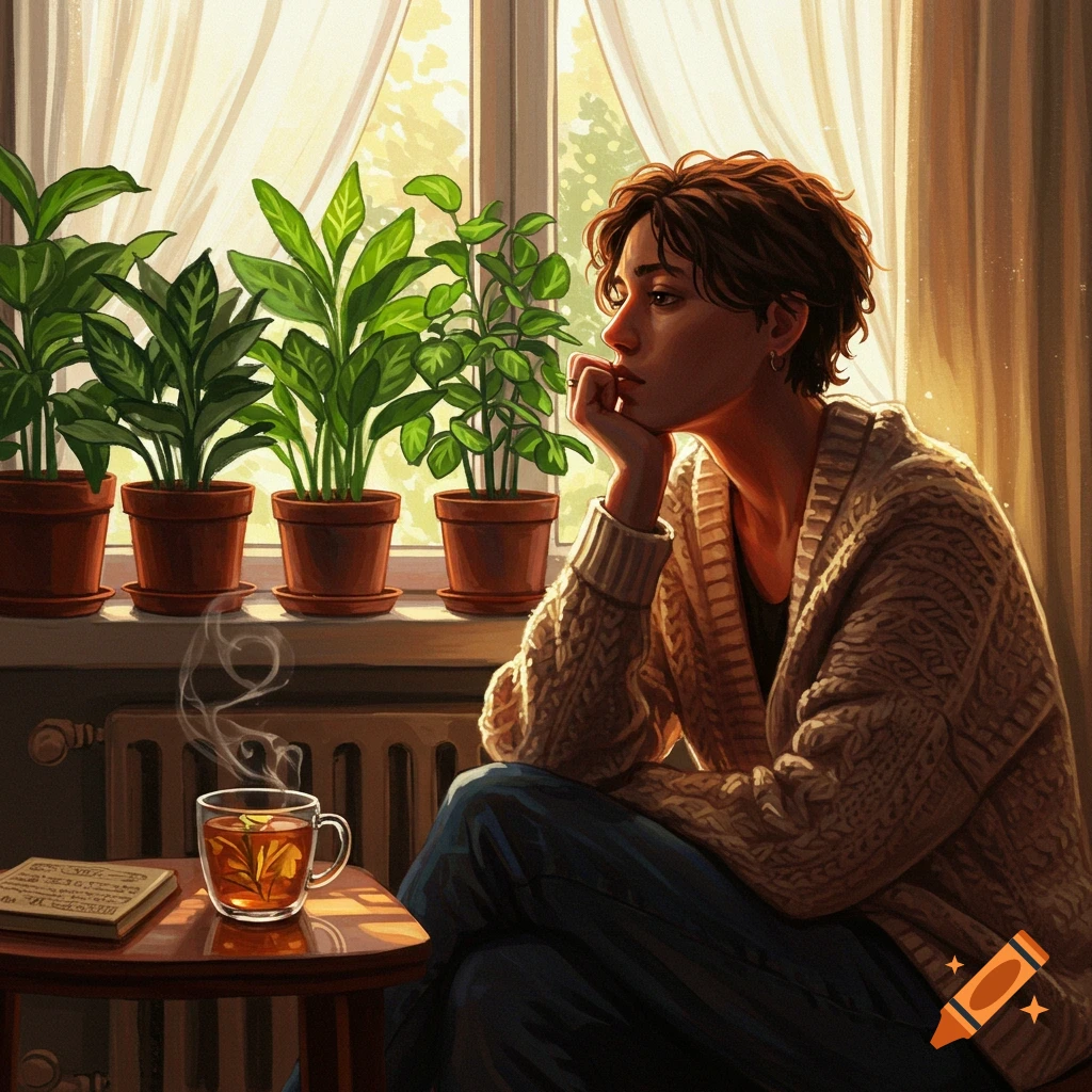A person with short hair sits by a bright window with potted plants, a steaming cup of tea, and a book, in a contemplative digital art style.