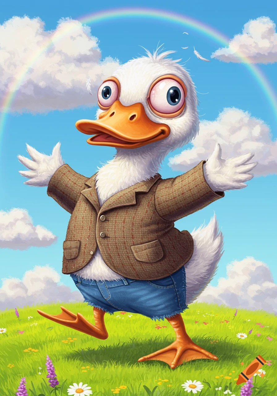 A vibrant cartoon illustration of a goofy, anthropomorphic duck in a brown jacket and denim shorts, standing in a field under a rainbow.