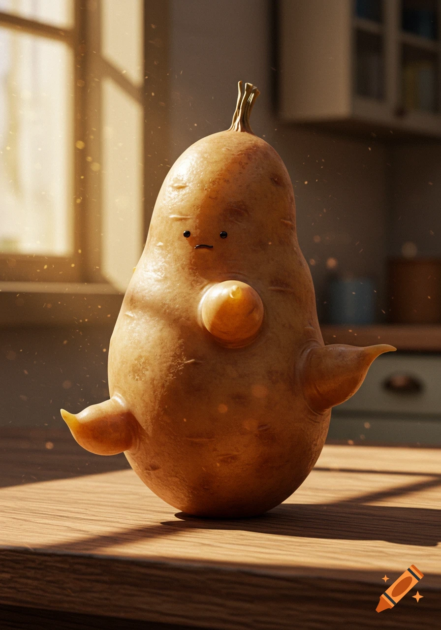 A photorealistic 3D render of an anthropomorphic potato character with a simple face and sprout on a sunlit wooden table in a kitchen.