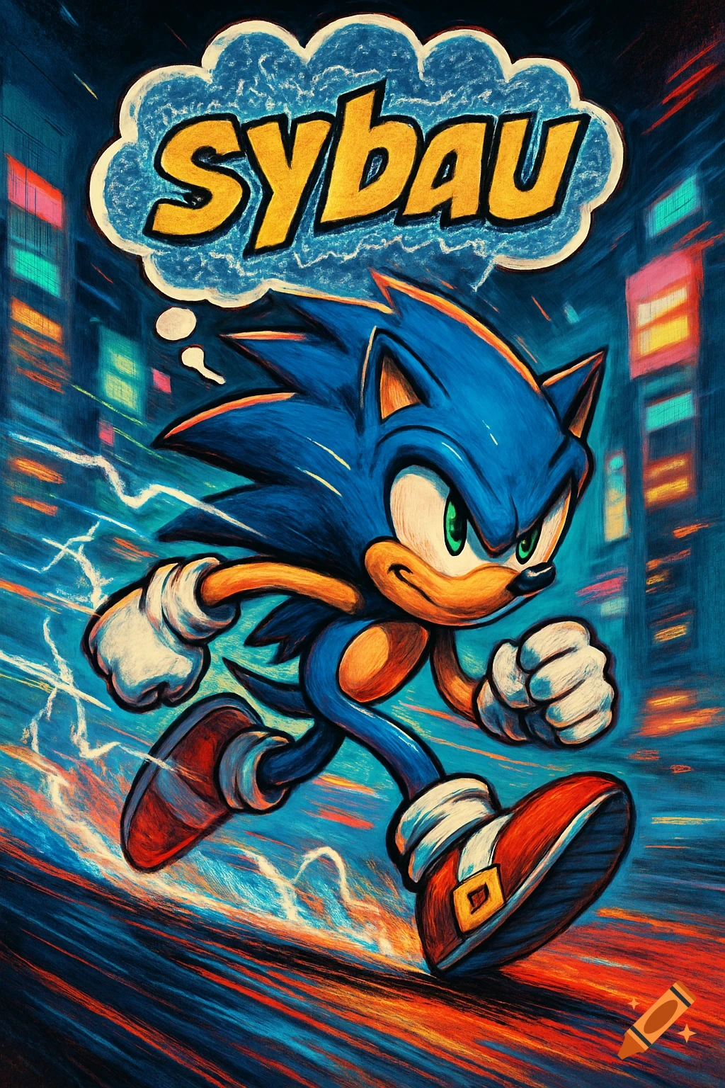 Vibrant illustration of blue Sonic the Hedgehog running fast through a blurred city night, with a thought bubble saying 'SYBAU'.