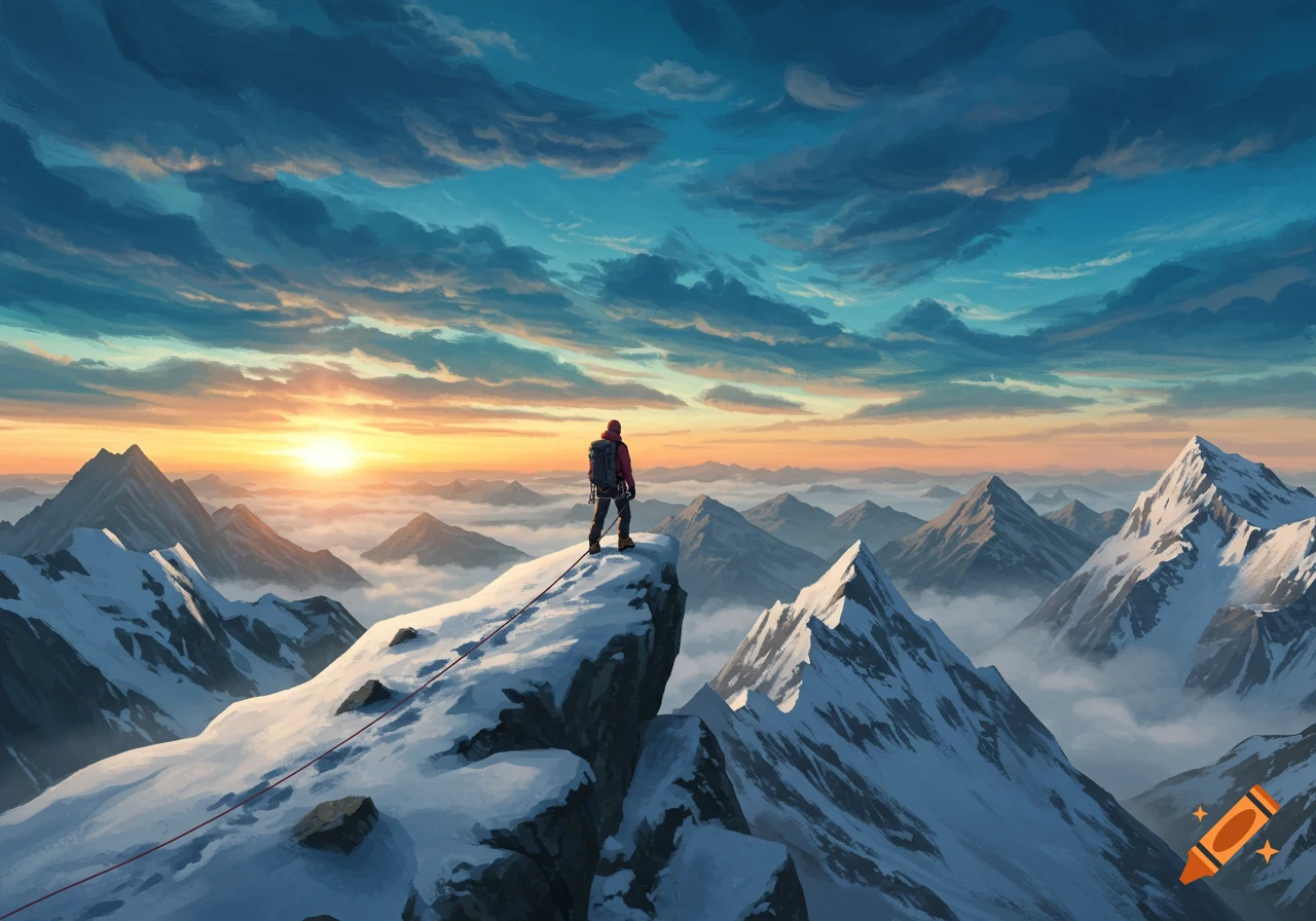 A solitary climber stands on a snowy mountain peak, gazing at a panoramic sunset over a vast range of cloud-covered mountains, in an illustrative style.