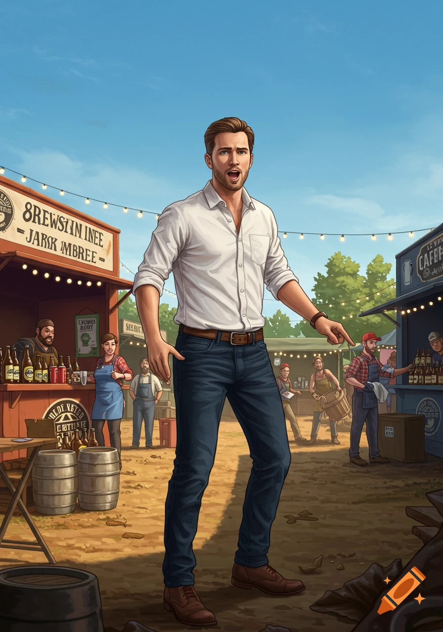 An illustrated man with a shocked expression points at something in an outdoor festival with vendors and stalls.