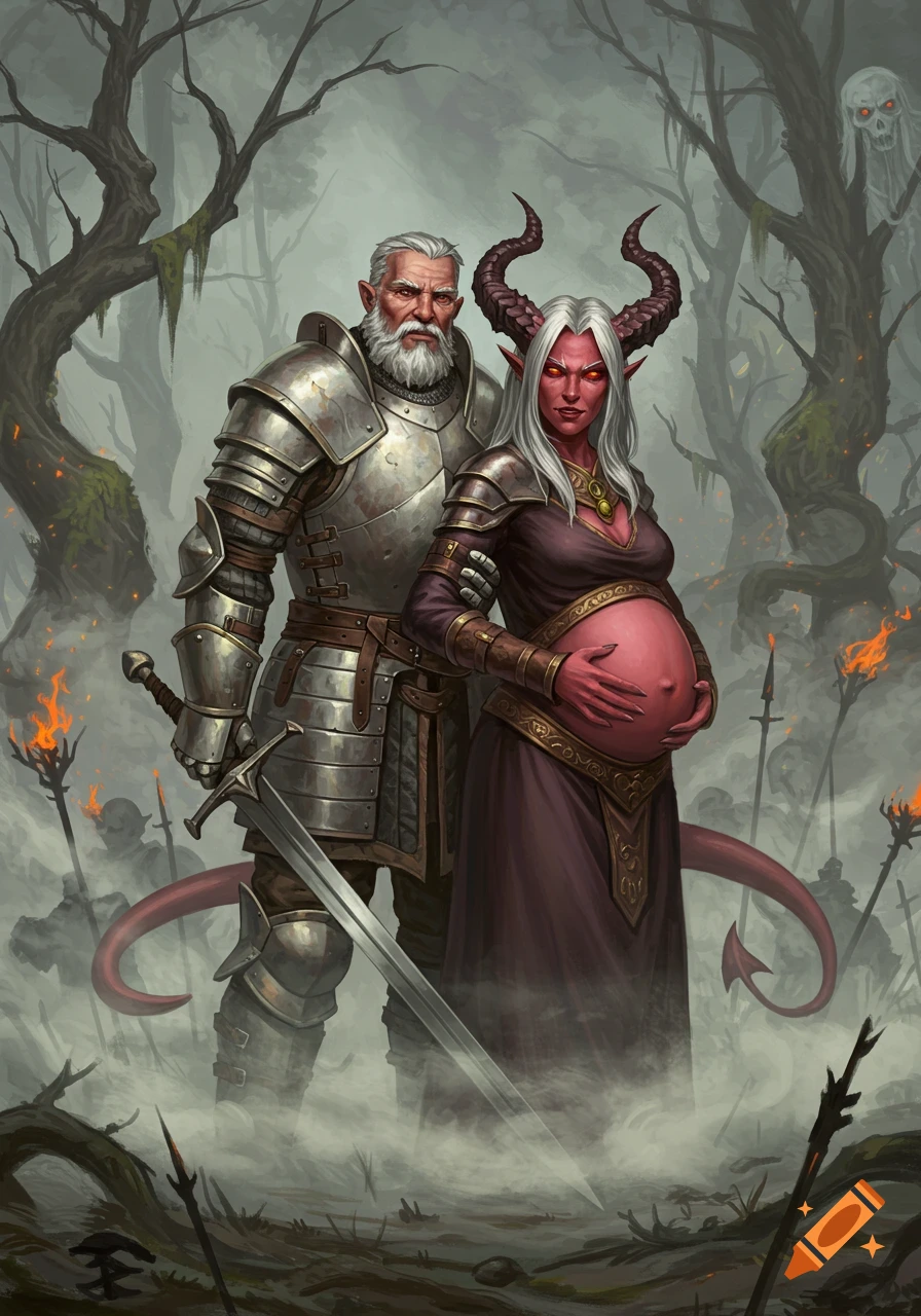 A detailed fantasy illustration of an old knight and a pregnant demoness standing in a foggy, dark forest battle scene.