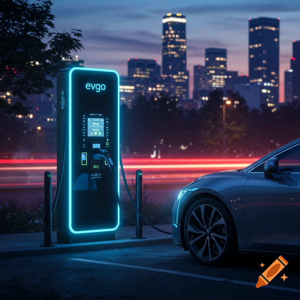 An electric car charging at a glowing blue EVgo station at night with city buildings and streaking red taillights in the background. Photorealistic style.