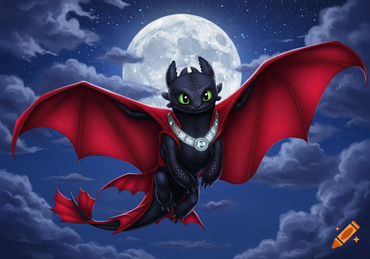 Toothless the dragon in a red cape and glowing collar flies at night under a full moon.