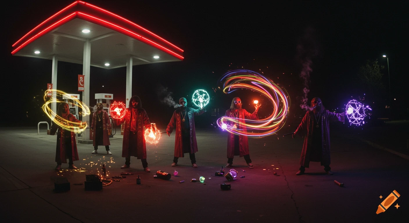 A group of cloaked wizards casting colorful magic spells at a gas station at night, with neon lights and a "CCTV" aesthetic.