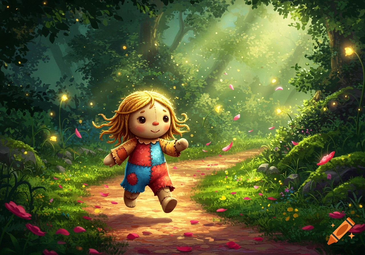 A whimsical illustration of a rag doll with patchwork clothes running through a magical, sunlit forest with glowing fireflies and pink petals.