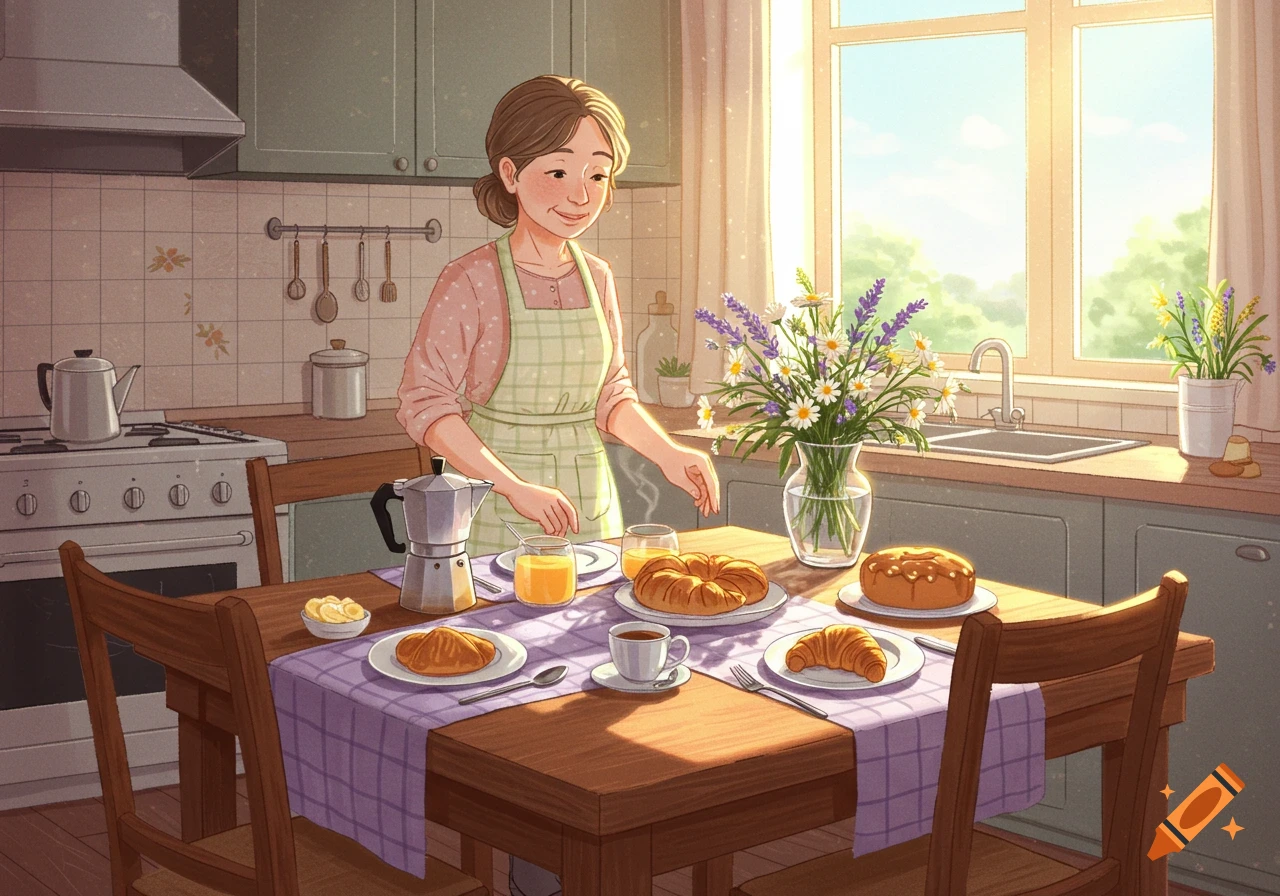 A happy woman in an apron sets a breakfast table with croissants, orange juice, coffee, and flowers in a sunny, illustrative kitchen.