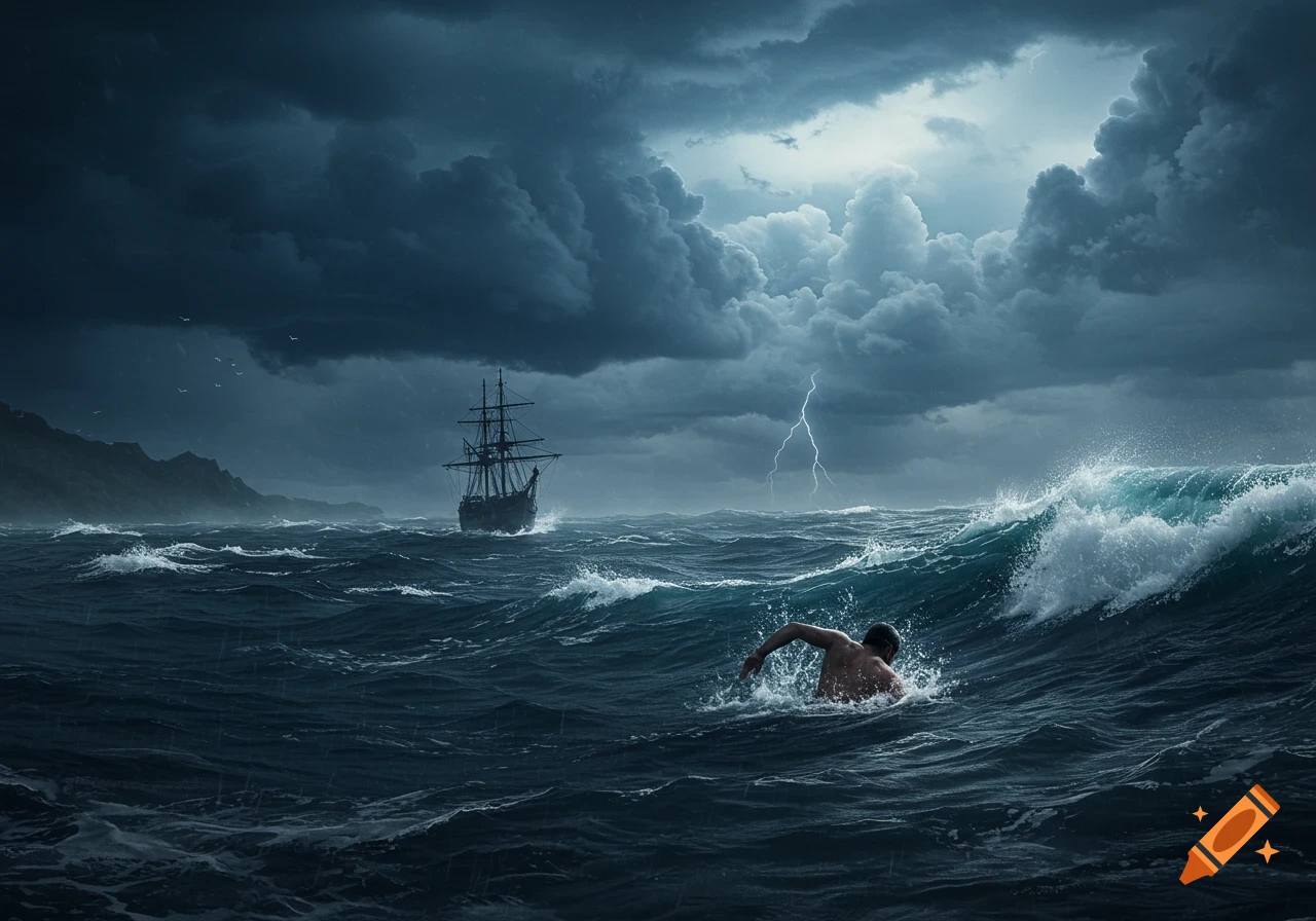 A man swims in a stormy, dark blue ocean with choppy waves and lightning, a ship visible in the distance under heavy clouds.