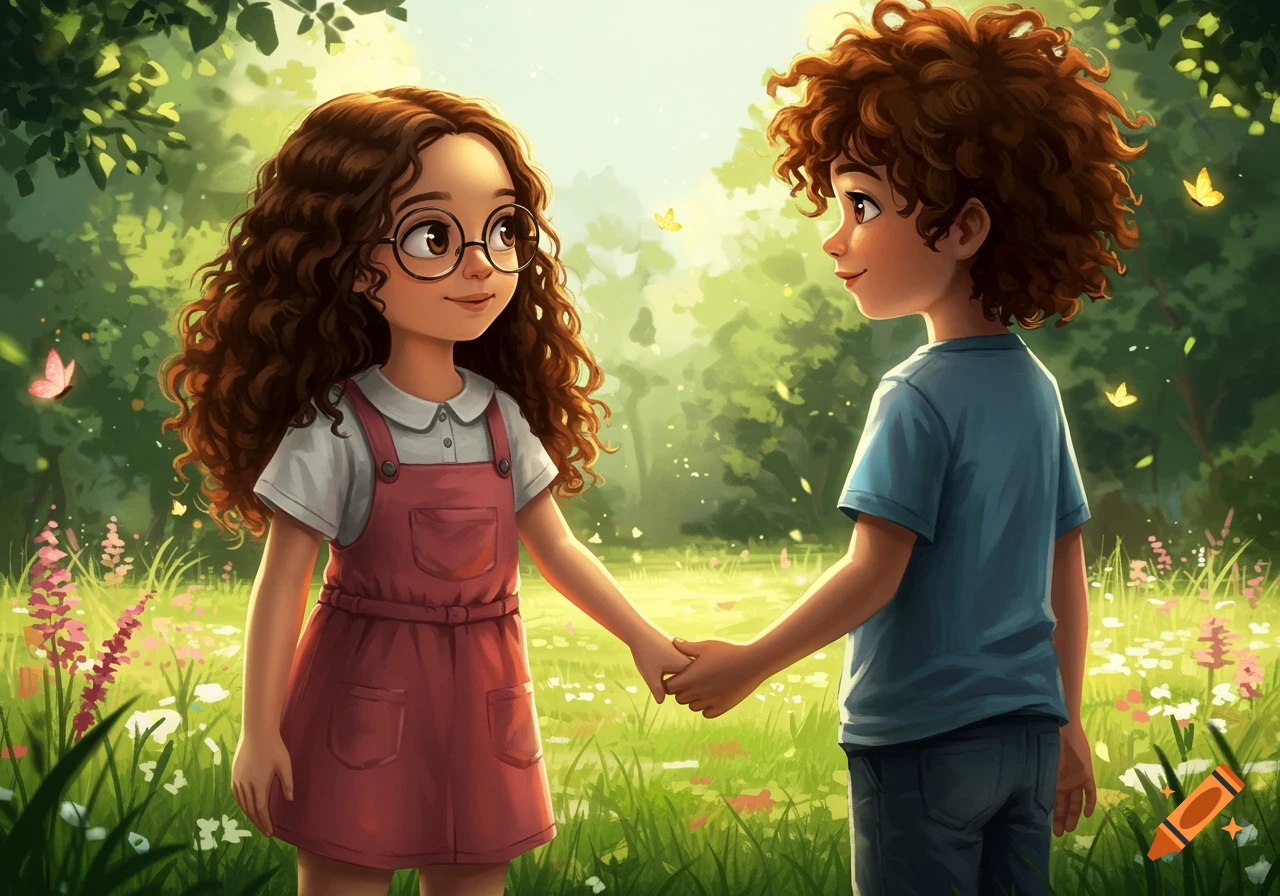 An illustrated scene of a girl with glasses and a boy holding hands in a sunny green park with flowers and butterflies.