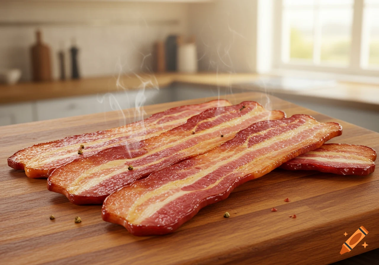 Six slices of sizzling bacon with peppercorns on a wooden cutting board in a sunlit kitchen, photorealistic.