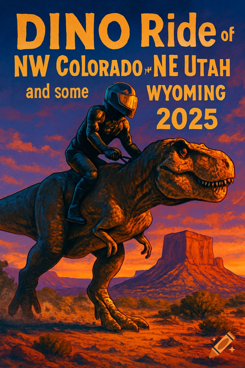 Stylized poster of a person in motorcycle gear riding a T-Rex through a desert landscape with mesas at sunset. Text reads 'DINO Ride of NW Colorado NE Utah and some Wyoming 2025'.