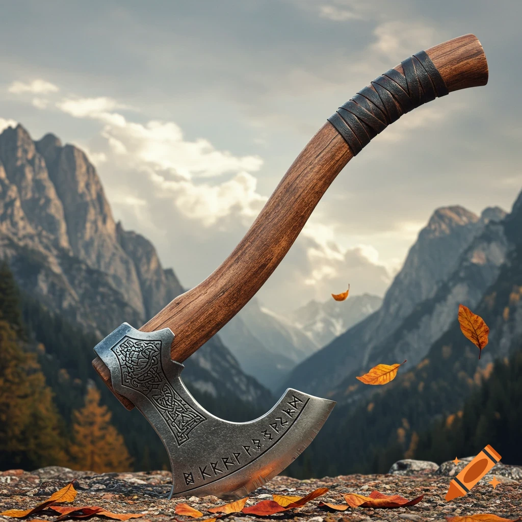 A detailed battle-axe with an ornate blade and leather-wrapped wooden handle stands on rocky ground with autumn leaves. Mountains and a cloudy sky are in the background.
