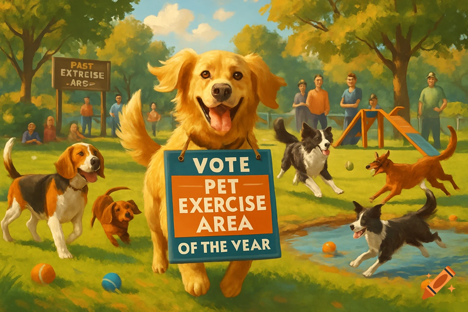 A golden retriever in a painterly style stands in a dog park, holding a sign that says "VOTE PET EXERCISE AREA OF THE YEAR." Other dogs of various breeds play nearby, with people in the background, and agility equipment visible. The scene is bright and cheerful.