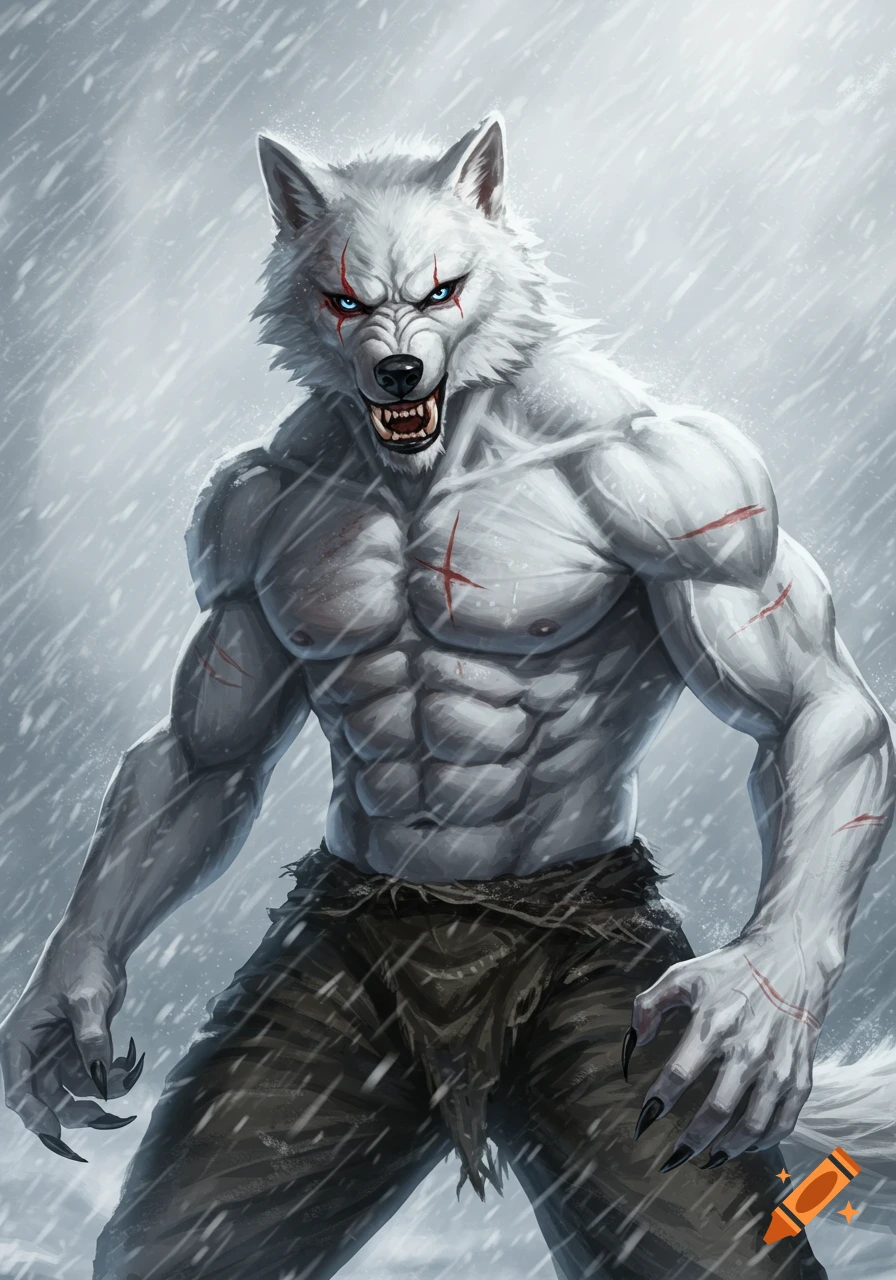 A muscular white bipedal wolf-man with blue eyes, sharp claws, and teeth, stands fiercely in a snowstorm. Digital art.