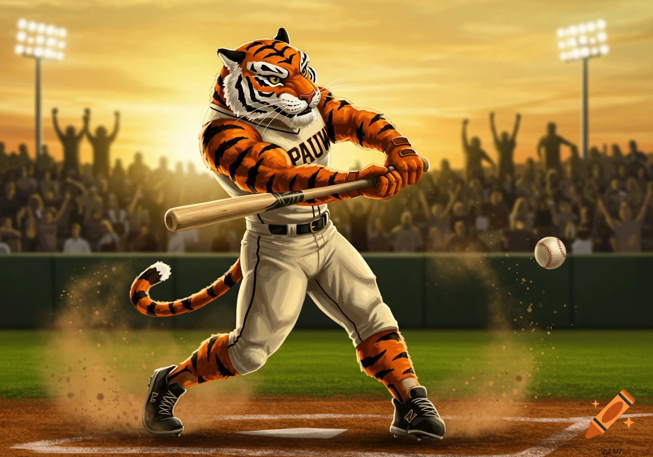 A muscular tiger mascot in a baseball uniform swings a bat, hitting a baseball in a stadium at sunset, with cheering fans in the background. Detailed illustration.