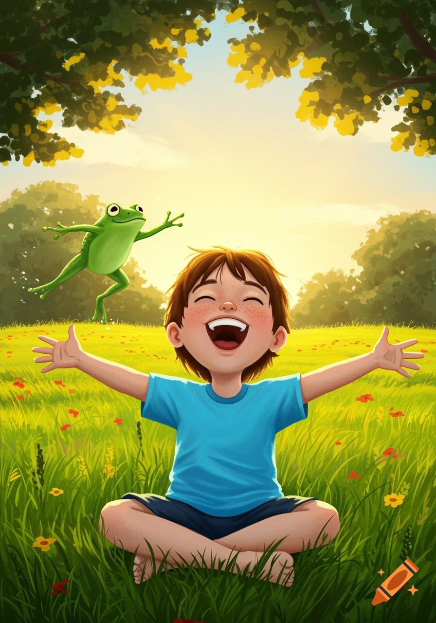 A joyful child sitting in a sunny green field with a frog jumping beside them, in a bright cartoon style.