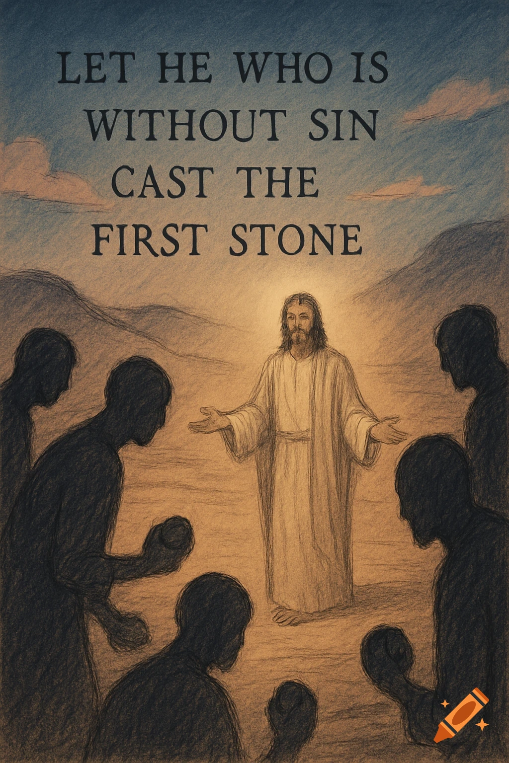 Sketch of Jesus with outstretched arms facing people holding stones under the quote 'LET HE WHO IS WITHOUT SIN CAST THE FIRST STONE'.