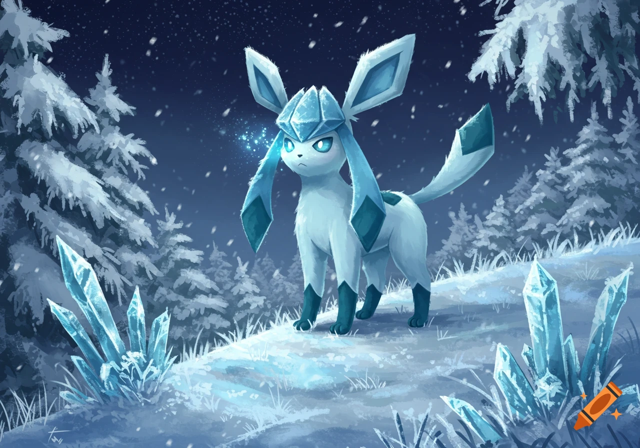 An illustration of the Pokémon Glaceon in a snowy winter forest at night, surrounded by glowing ice crystals and falling snow.