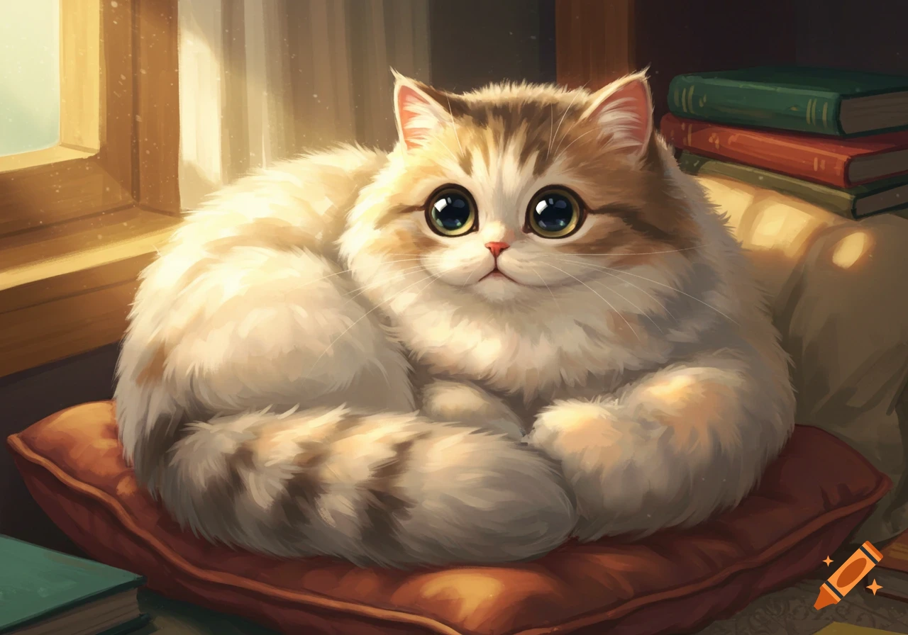 An adorable fluffy cat with large, shiny eyes curled up on a red pillow next to a window and books.