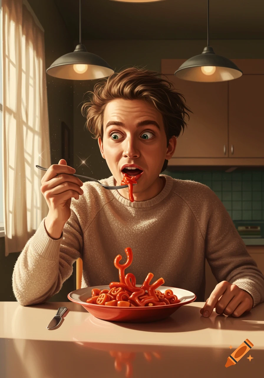 A young man in a kitchen with wide eyes eats a bowl of bright red spaghetti-Ls with a fork. Photorealistic digital art.