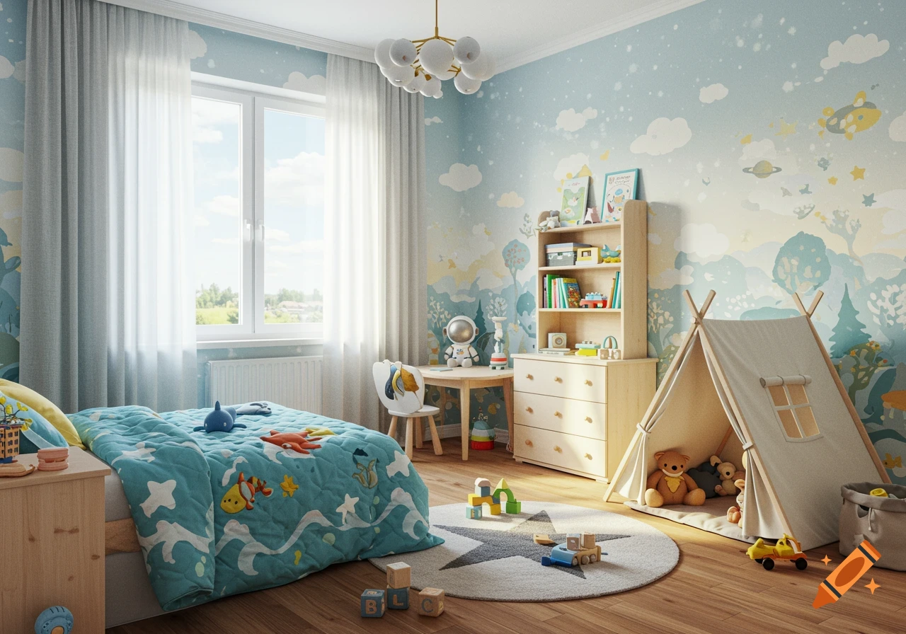 A bright, photorealistic child's bedroom with blue nature-themed wallpaper, a bed, a bookshelf, and a play tent.