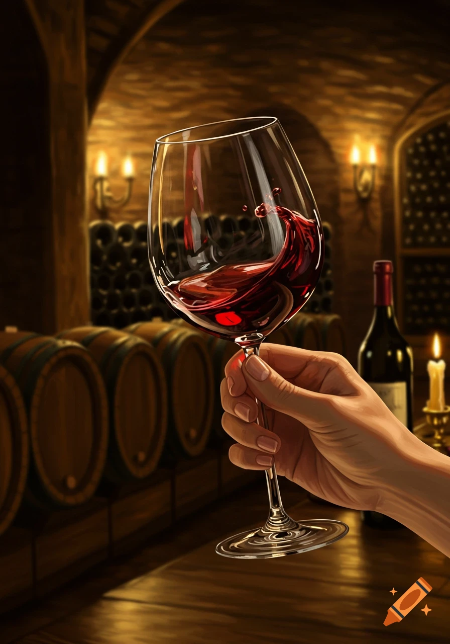 A hand delicately holds a wine glass with splashing red wine in a dimly lit cellar full of wooden barrels and bottles.