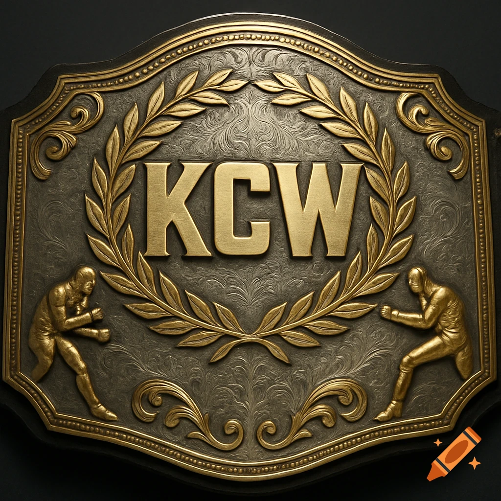 An ornate championship wrestling belt with a gold and dark gray design. The center features 'KCW' in gold letters, flanked by gold laurel wreaths and two golden wrestler figures in fighting stances.