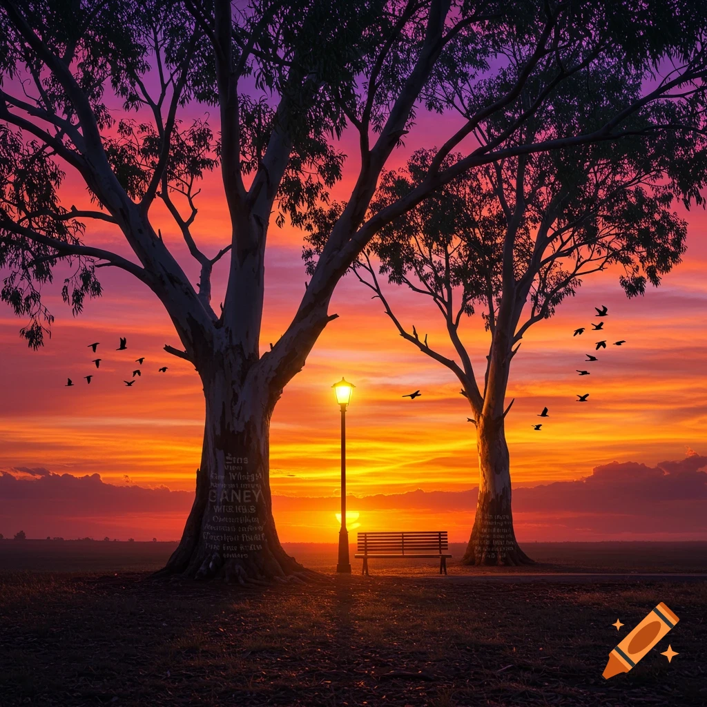 Vibrant sunset over a landscape with two large gum trees, a park bench, a glowing street light, and birds flying across the sky.