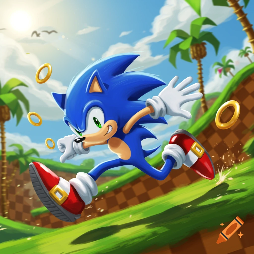 Sonic the Hedgehog runs across a green hill, collecting golden rings under a sunny sky, in a vibrant cartoon style.