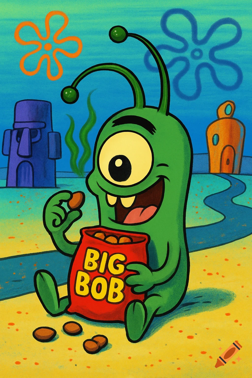 A cartoon green one-eyed creature with antennae, similar to Plankton, happily eating peanuts from a red 'BIG BOB' snack bag underwater.