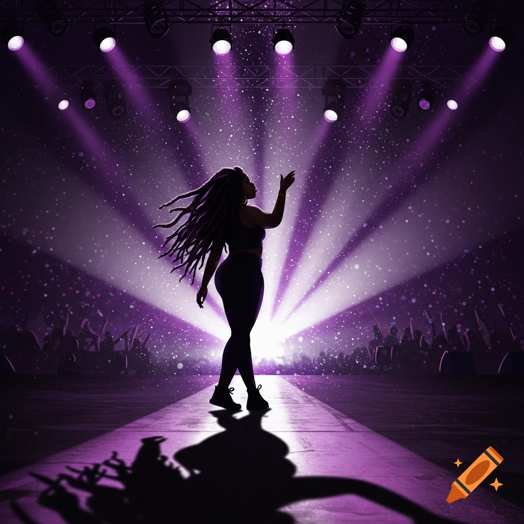 Stylized illustration of a Black woman with long locs silhouetted on a stage under purple spotlights, reaching out.