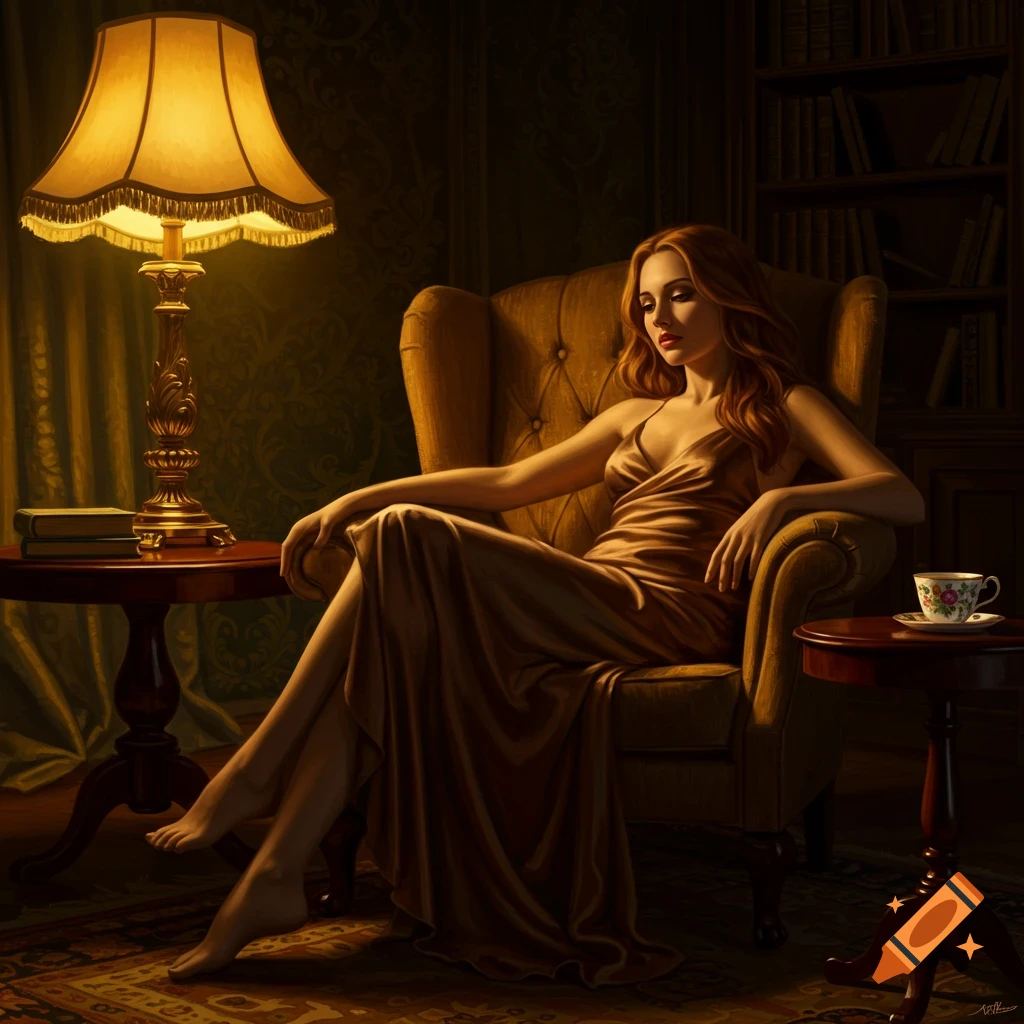 A woman in a golden satin dress sits elegantly in a yellow armchair in a dimly lit, luxurious room, illuminated by a warm lamp.