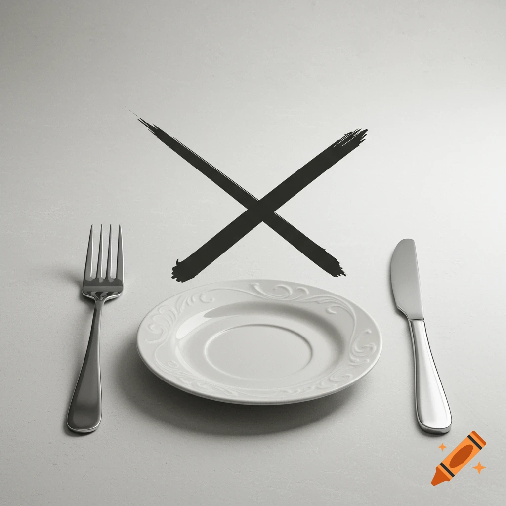 Photorealistic image of a fork, white plate, and knife on a light surface with a large black 'X' mark above them.