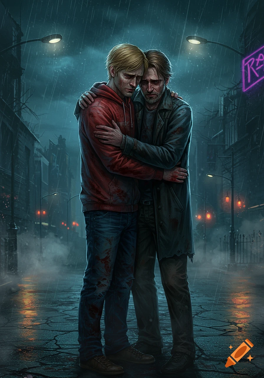Two distressed men, stained with blood, embrace on a dark, rainy city street at night in a stylized art style.