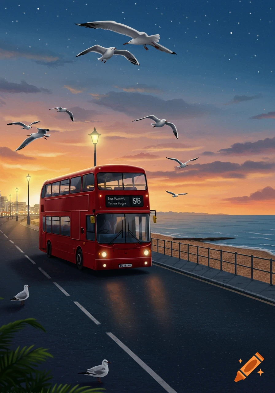 An illustration of a red double-decker bus driving along a seaside road at sunset, with seagulls flying and standing nearby.
