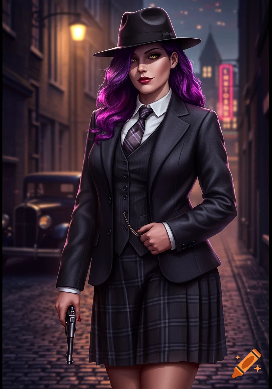 A woman with purple hair, wearing a dark suit and hat, holds a gun in a dimly lit urban alley with an old car. Stylized.
