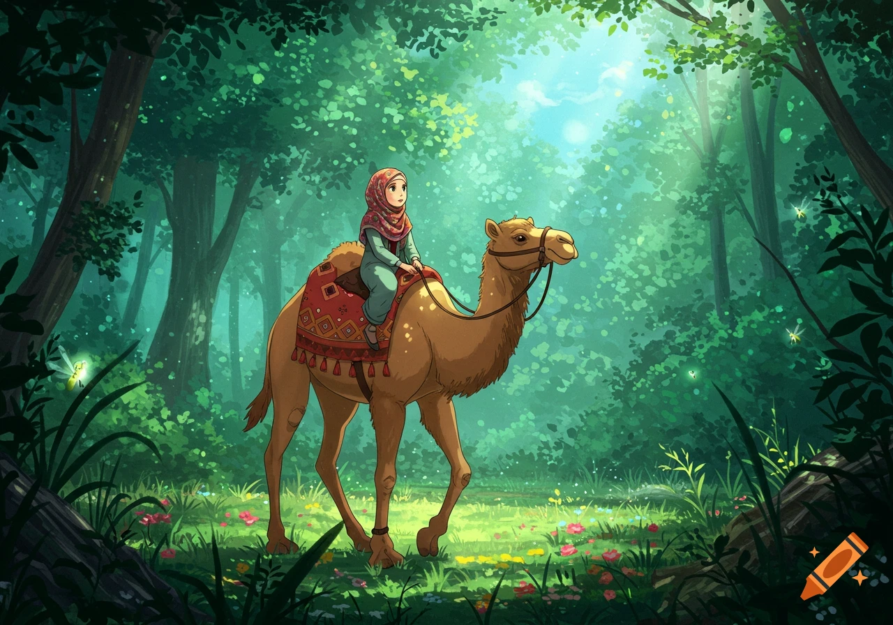 An anime-style illustration of a girl in a hijab riding a camel through a lush green forest, with sunlight filtering through the canopy and fireflies sparkling.