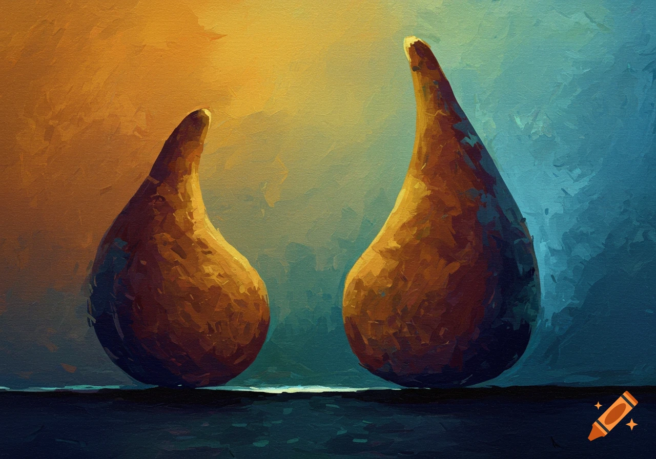 Two textured, organic pear-like shapes in brown tones against a split orange and blue background, in an impasto painting style.