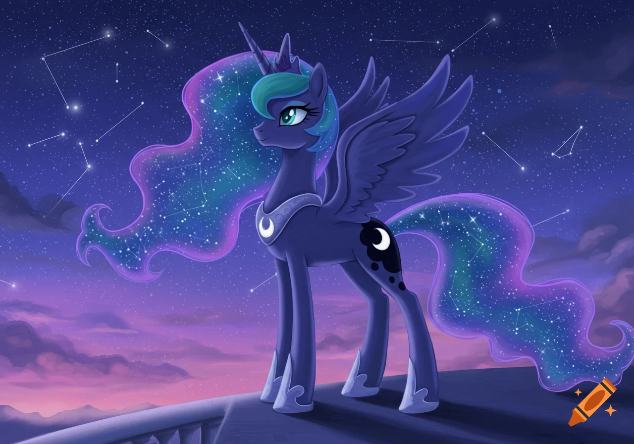 Princess Luna, a dark purple alicorn with a starry mane and tail, stands on a balcony against a cosmic night sky and purple sunset.