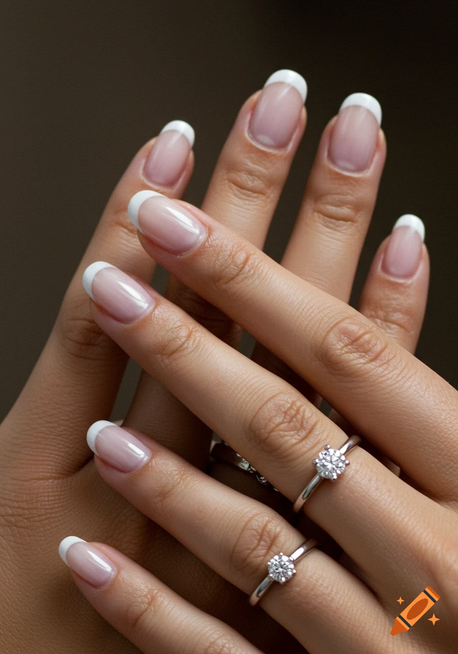 Close-up of hands with perfectly manicured French tip nails and sparkling diamond rings, photorealistic.