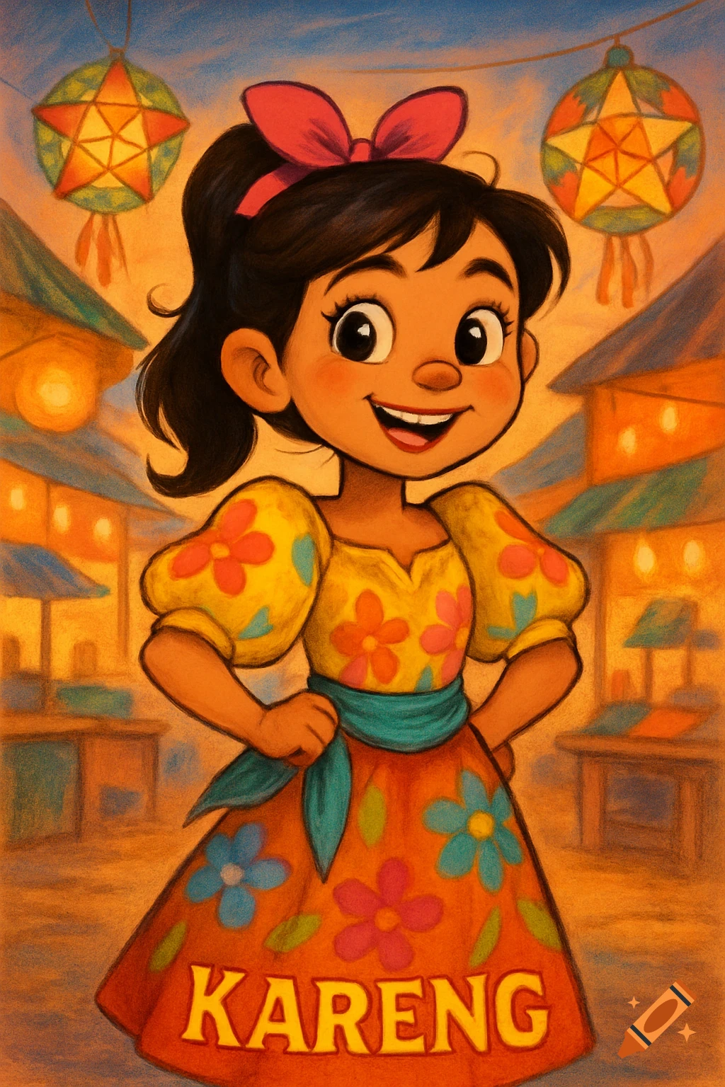 A cute cartoon Filipino girl wearing a colorful traditional dress with the name 'Kareng' on it, standing in a festive market scene with parol lanterns.