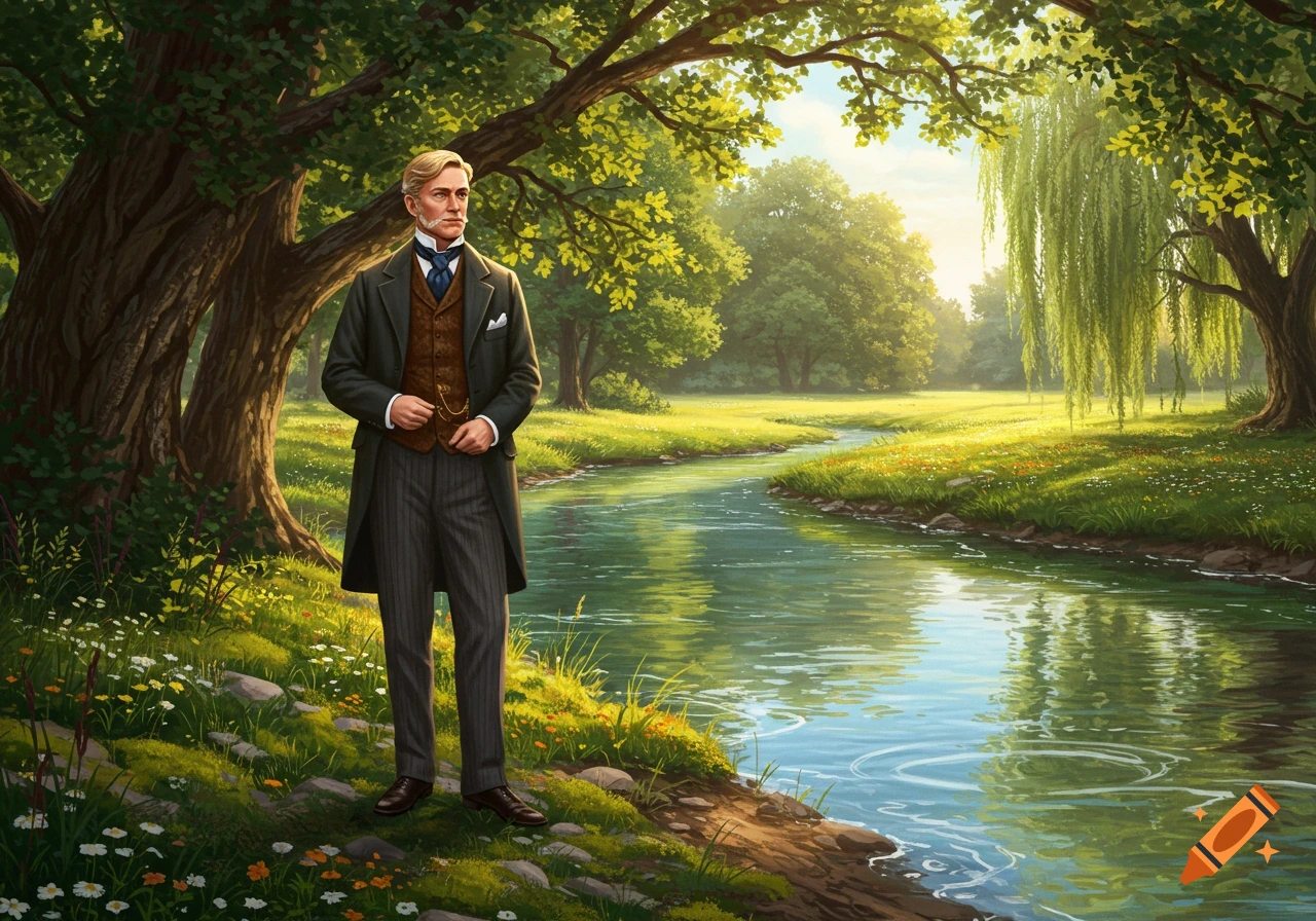 A well-dressed 1800s gentleman stands beside a winding river in a lush, green park with large trees and wildflowers.