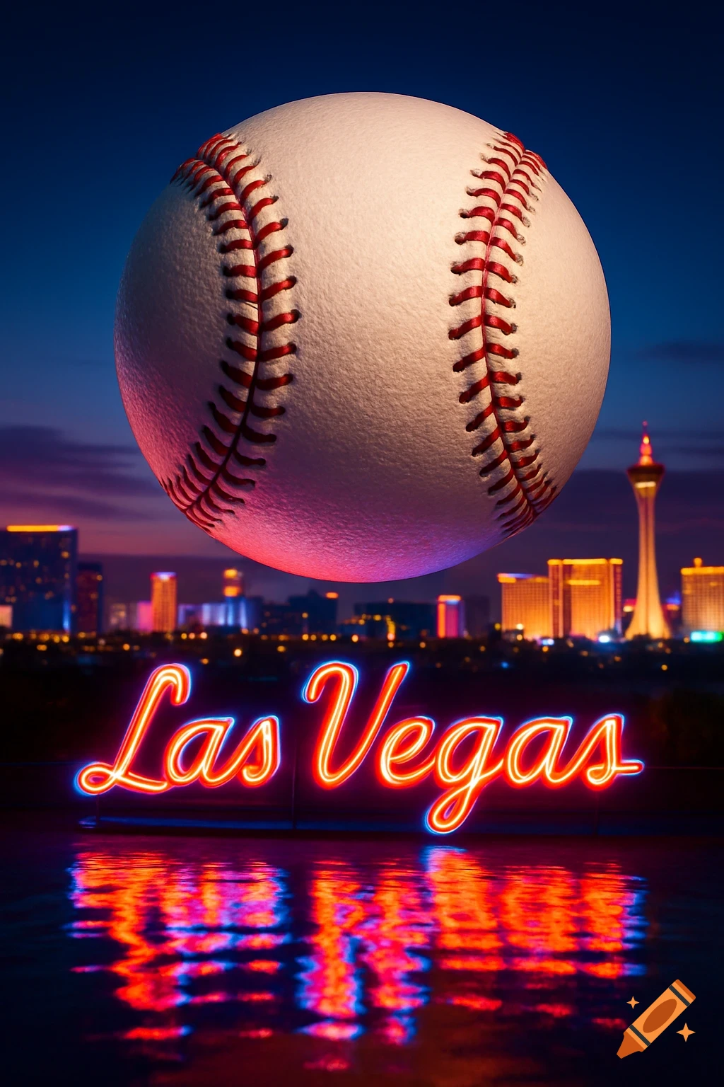 A giant baseball floats above the illuminated Las Vegas skyline at dusk, with a neon sign reading 'Las Vegas' reflected in water.