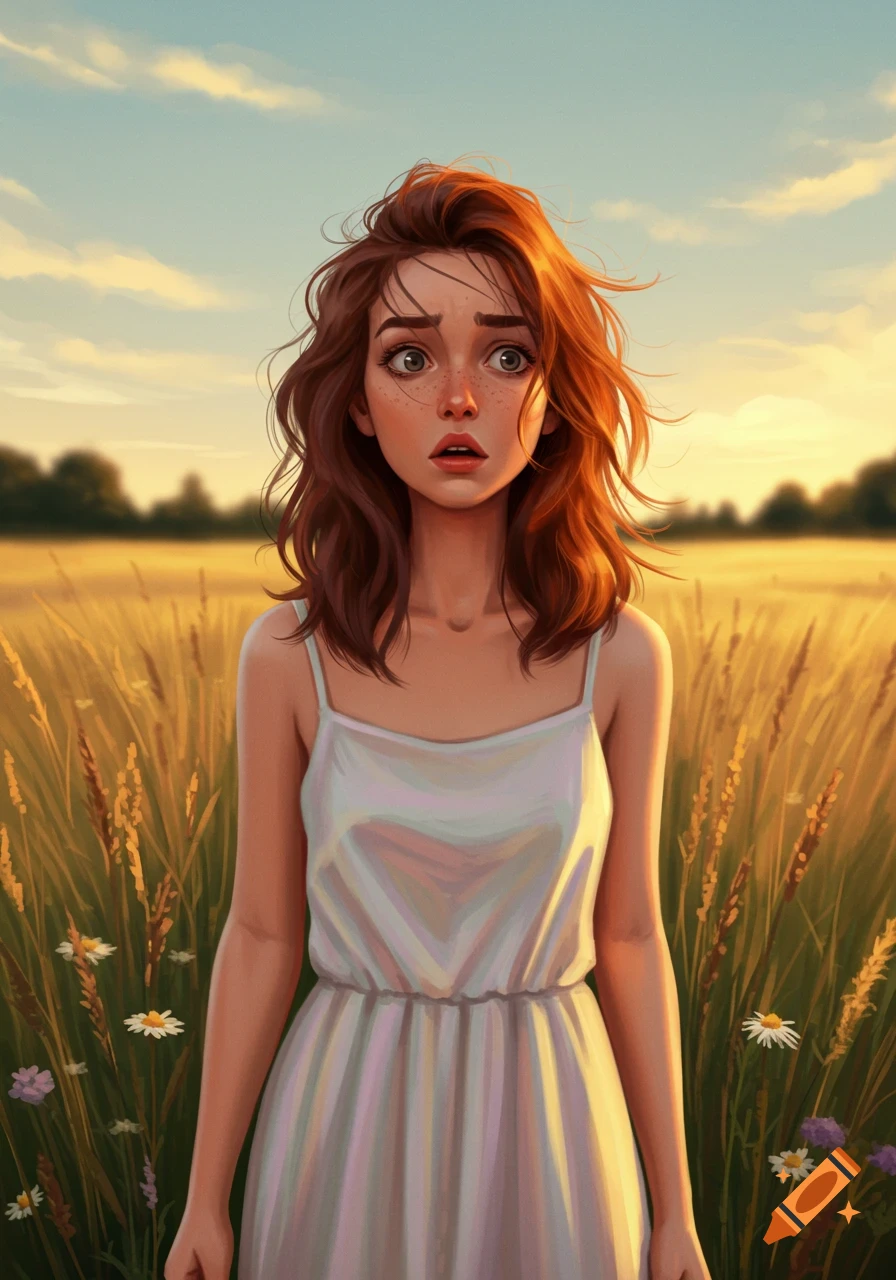 Stylized illustration of a confused young woman with red hair standing in a sunlit wheat field.