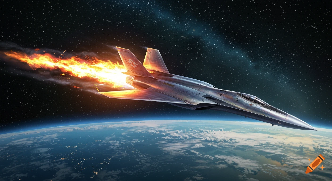 A futuristic silver jet with blazing orange engines flies over Earth's atmosphere, ascending into the starry blackness of space.