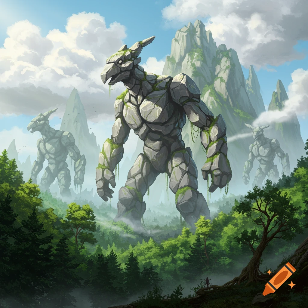 Three colossal rock monsters, resembling ancient bird-like golems, covered in moss, loom over a lush green forest with misty mountains.